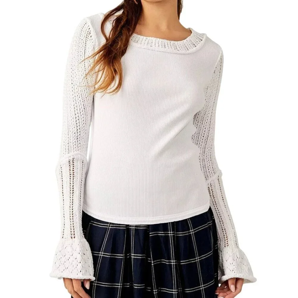 Free People Cuffing Season Round Neck Long Sleeve Top Crochet Detail Size S